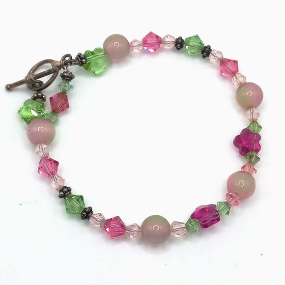 Artisan Art Glass Bead and Crystals Sterling Toggle Bracelet 925 - Picture 1 of 9